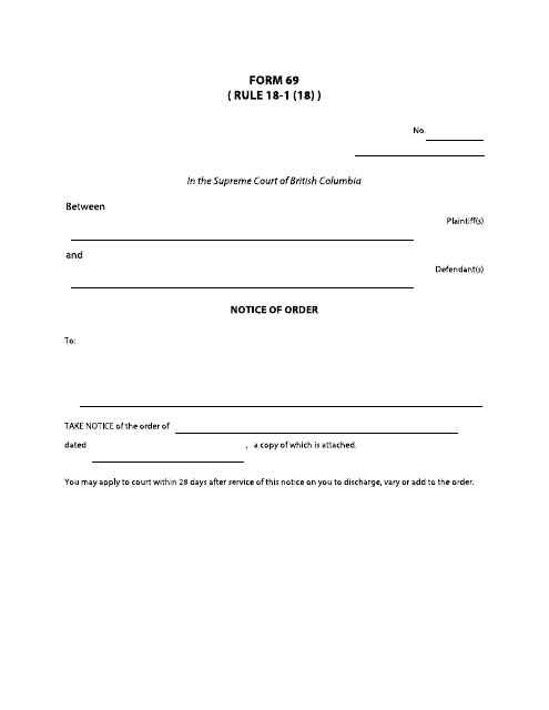 Form 69 Notice of Order - British Columbia, Canada