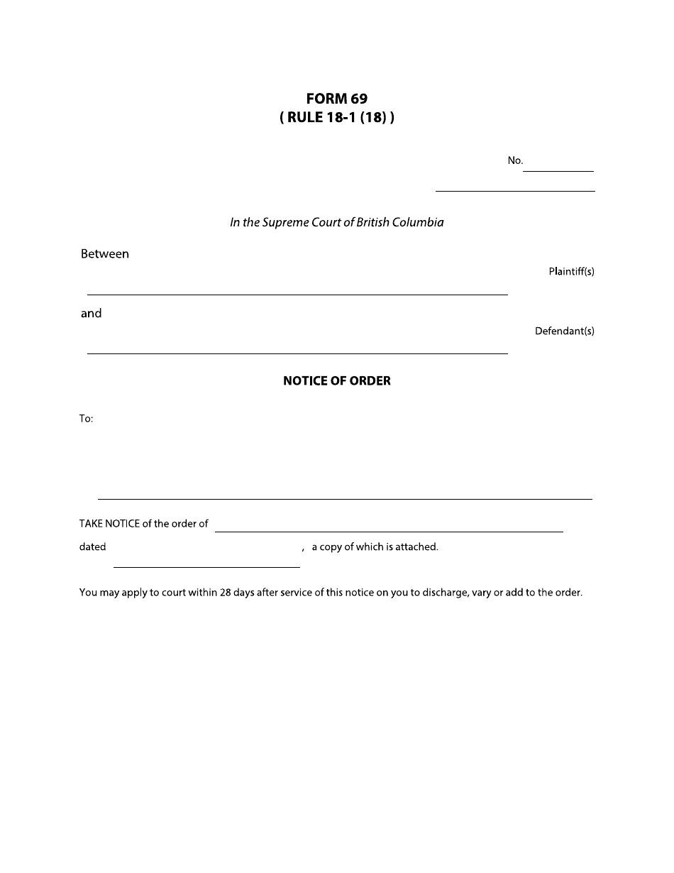 Form 69 Notice of Order - British Columbia, Canada, Page 1