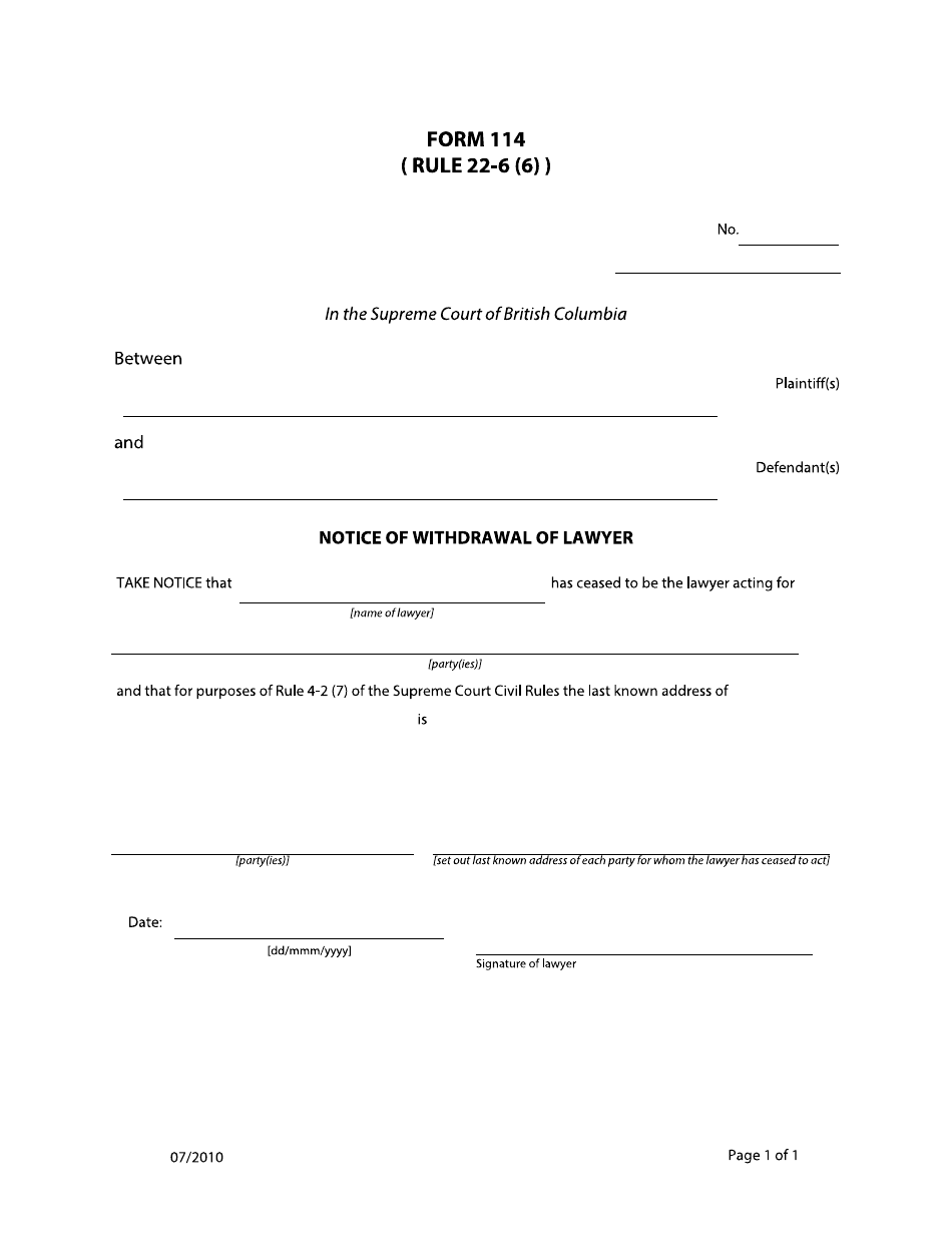 Form 114 Notice of Withdrawal of Lawyer - British Columbia, Canada, Page 1