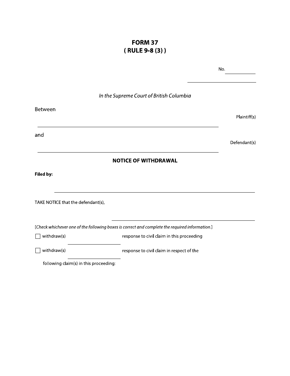 Form 37 Notice of Withdrawal - British Columbia, Canada, Page 1
