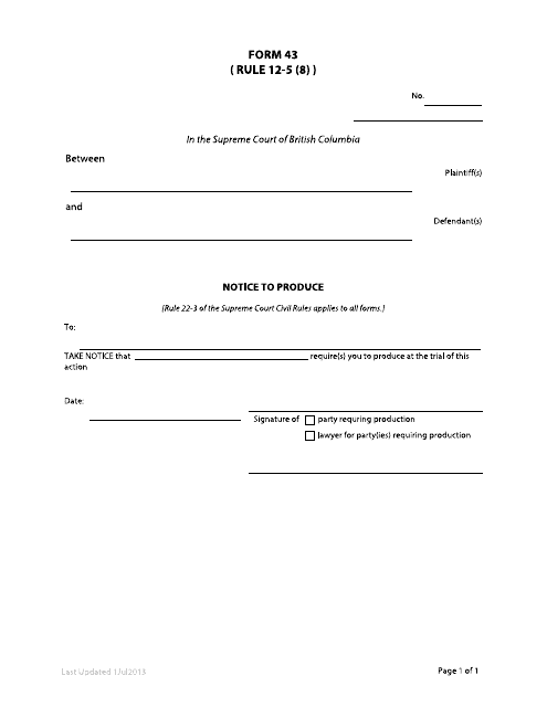 Form 43 Notice to Produce - British Columbia, Canada