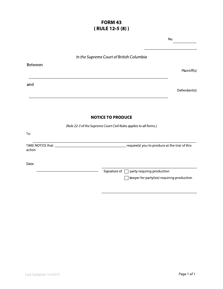 Form 43 Notice to Produce - British Columbia, Canada, Page 1