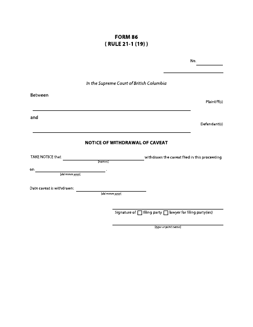 Form 86 Notice of Withdrawal of Caveat (Admiralty) - British Columbia, Canada