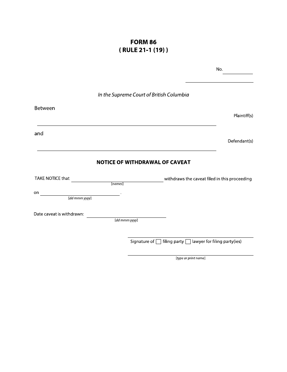Form 86 Download Fillable PDF or Fill Online Notice of Withdrawal of Caveat (Admiralty), British