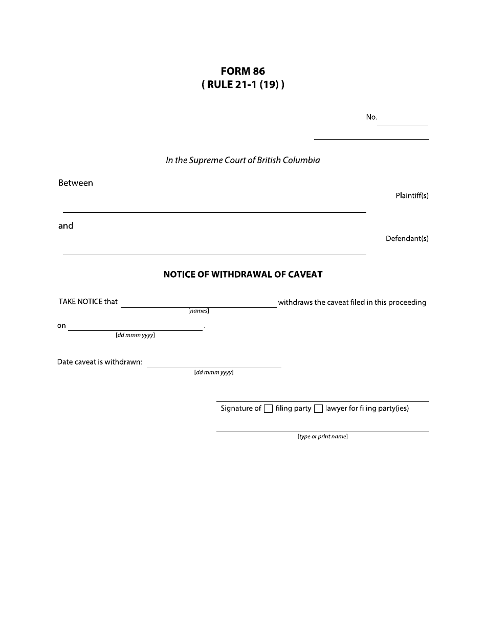 Form 86 Notice of Withdrawal of Caveat (Admiralty) - British Columbia, Canada, Page 1