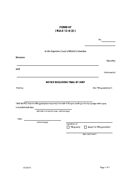 Form 47 Notice Requiring Trial by Jury - British Columbia, Canada