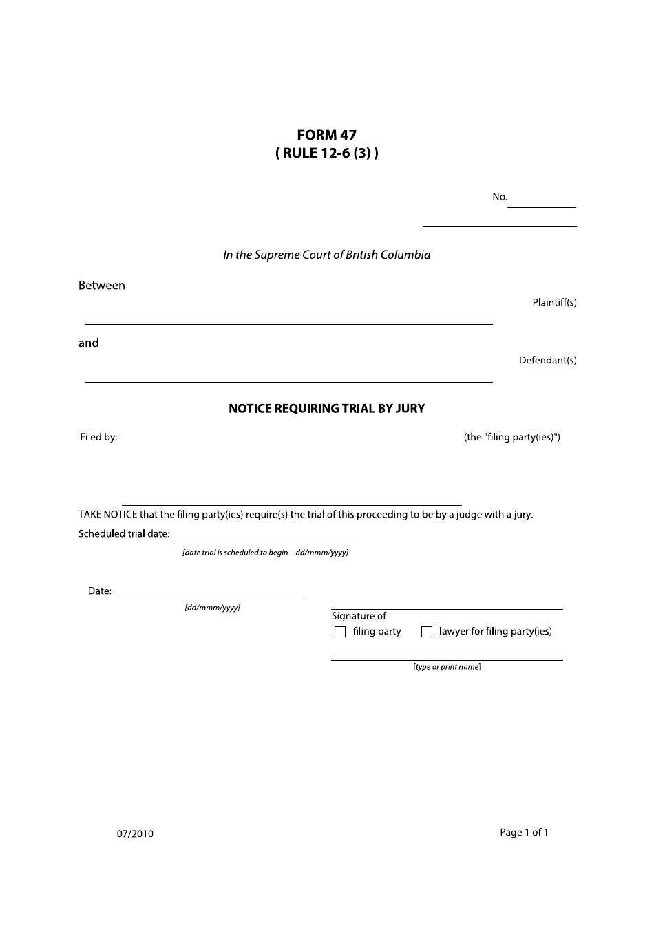 Form 47 Notice Requiring Trial by Jury - British Columbia, Canada, Page 1