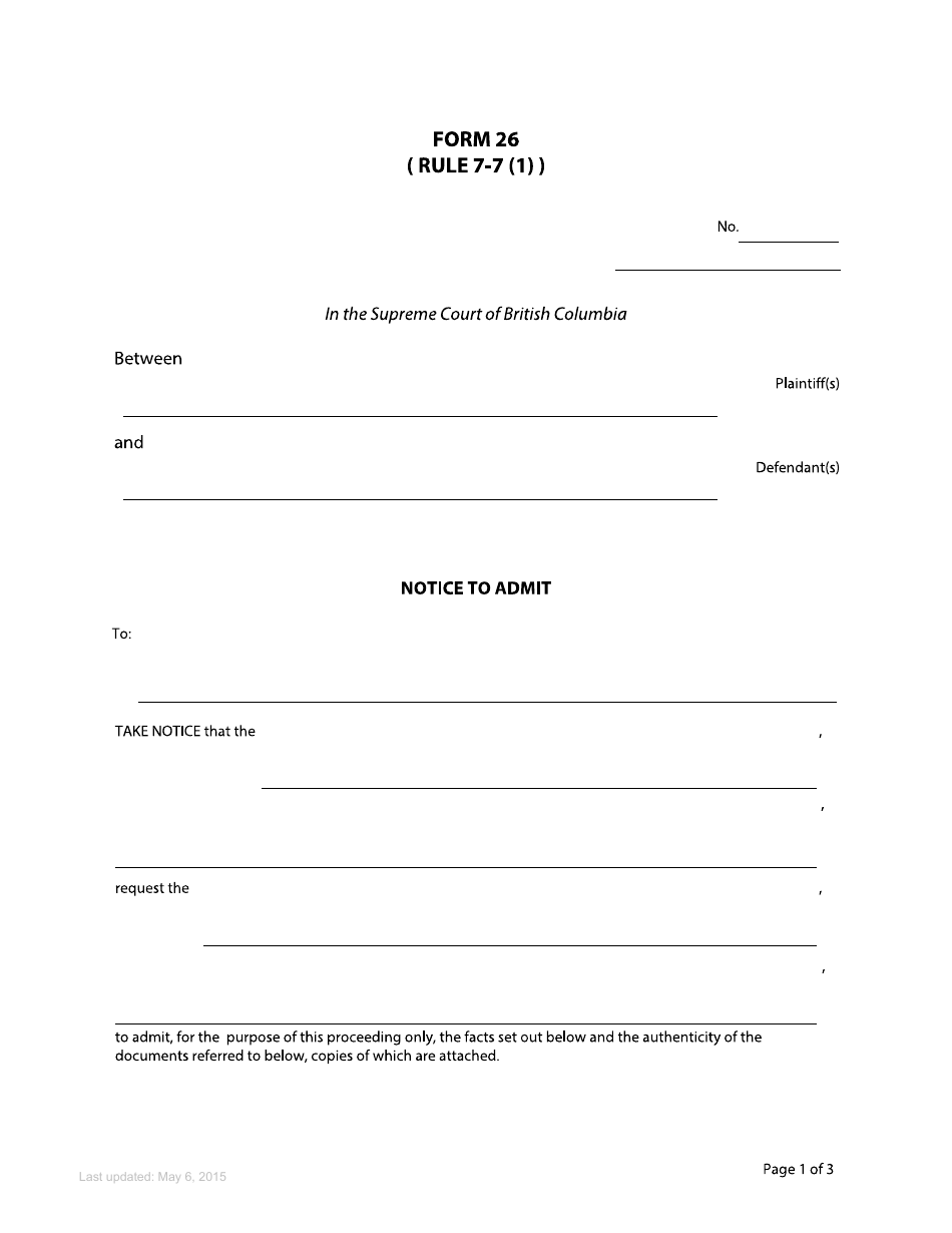 Form 26 Notice to Admit - British Columbia, Canada, Page 1