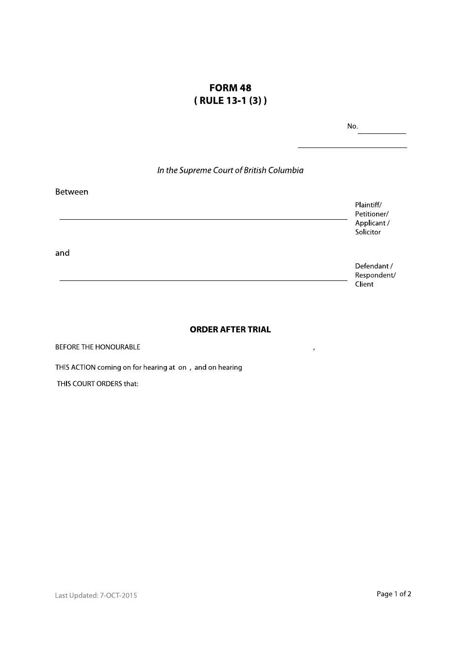Form 48 Order After Trial - British Columbia, Canada, Page 1