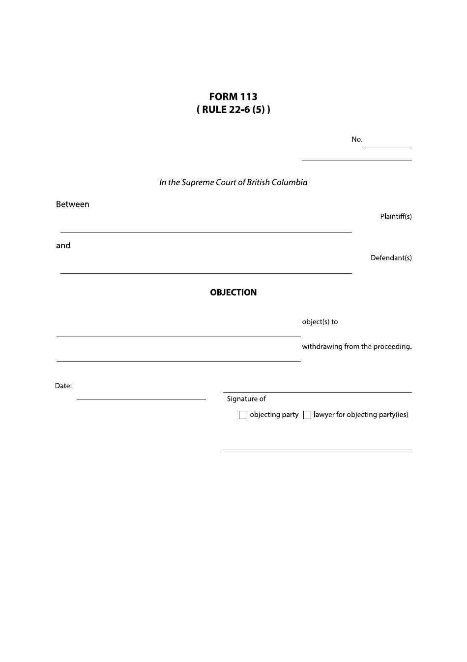 Form 113 Objection - British Columbia, Canada, Page 1