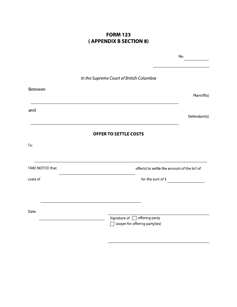 Form 123 Offer to Settle Costs - British Columbia, Canada, Page 1