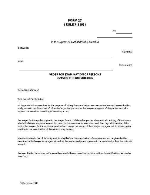 Form 27 Order for Examination of Persons Outside the Jurisdiction - British Columbia, Canada