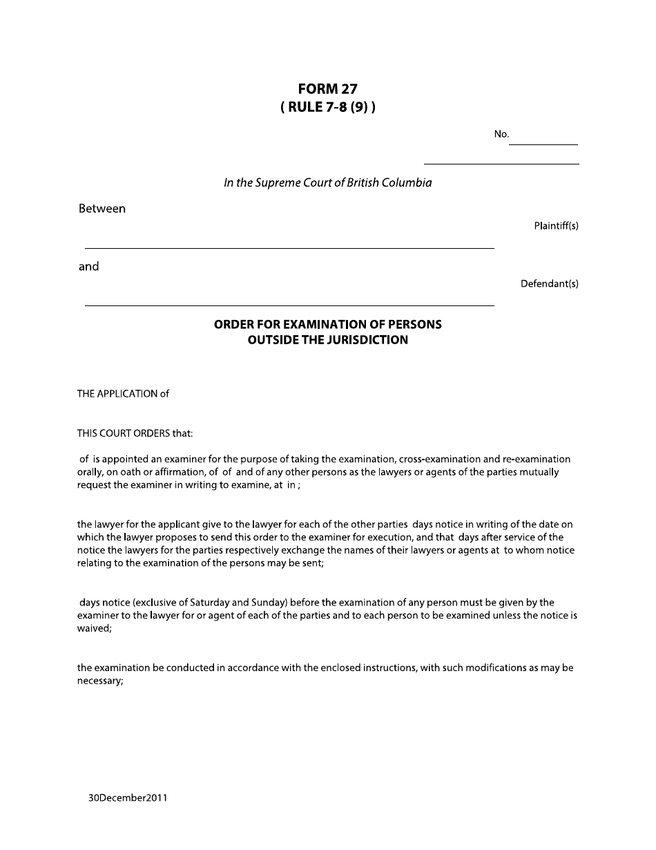 Form 27 Order for Examination of Persons Outside the Jurisdiction - British Columbia, Canada, Page 1