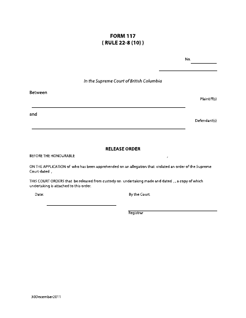 Form 117 Release Order - British Columbia, Canada
