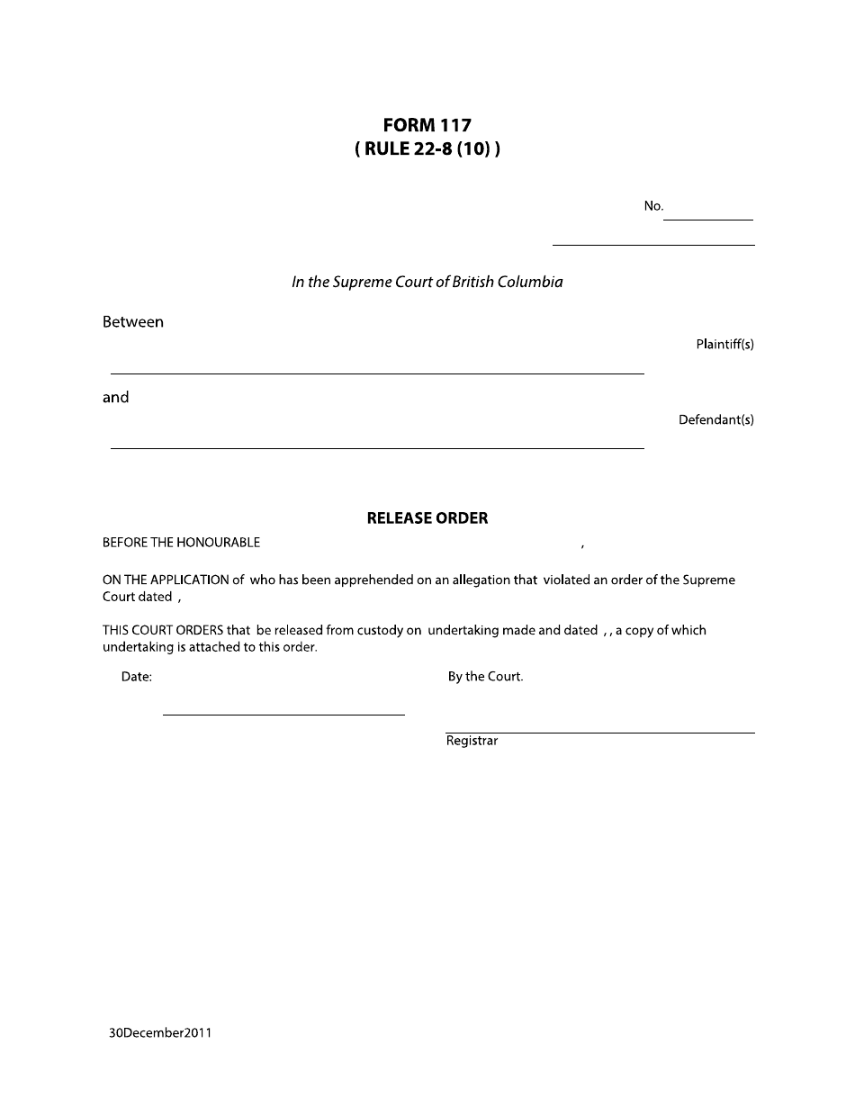 Form 117 Release Order - British Columbia, Canada, Page 1
