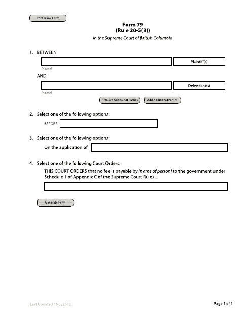 Form 79 Order to Waive Fees - British Columbia, Canada