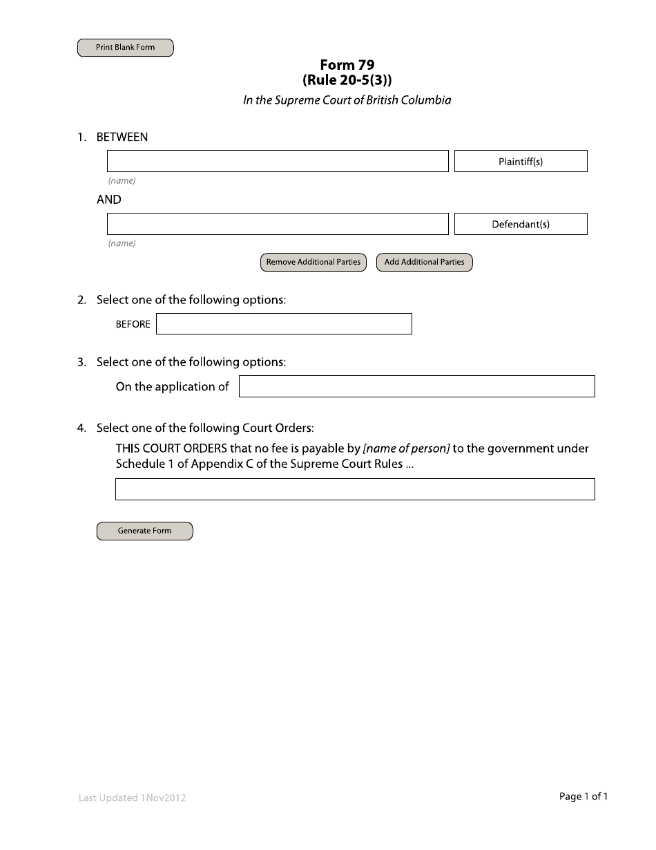 Form 79 Order to Waive Fees - British Columbia, Canada, Page 1