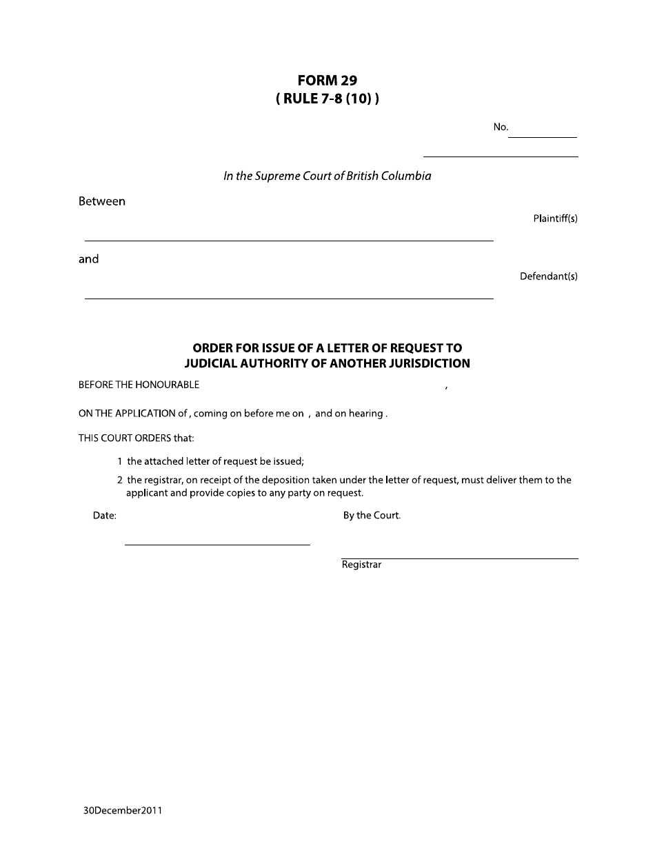 Form 29 Order for Issue of a Letter of Request to Judicial Authority of Another Jurisdiction - British Columbia, Canada, Page 1