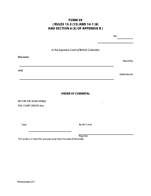 Form 59 Order of Committal - British Columbia, Canada