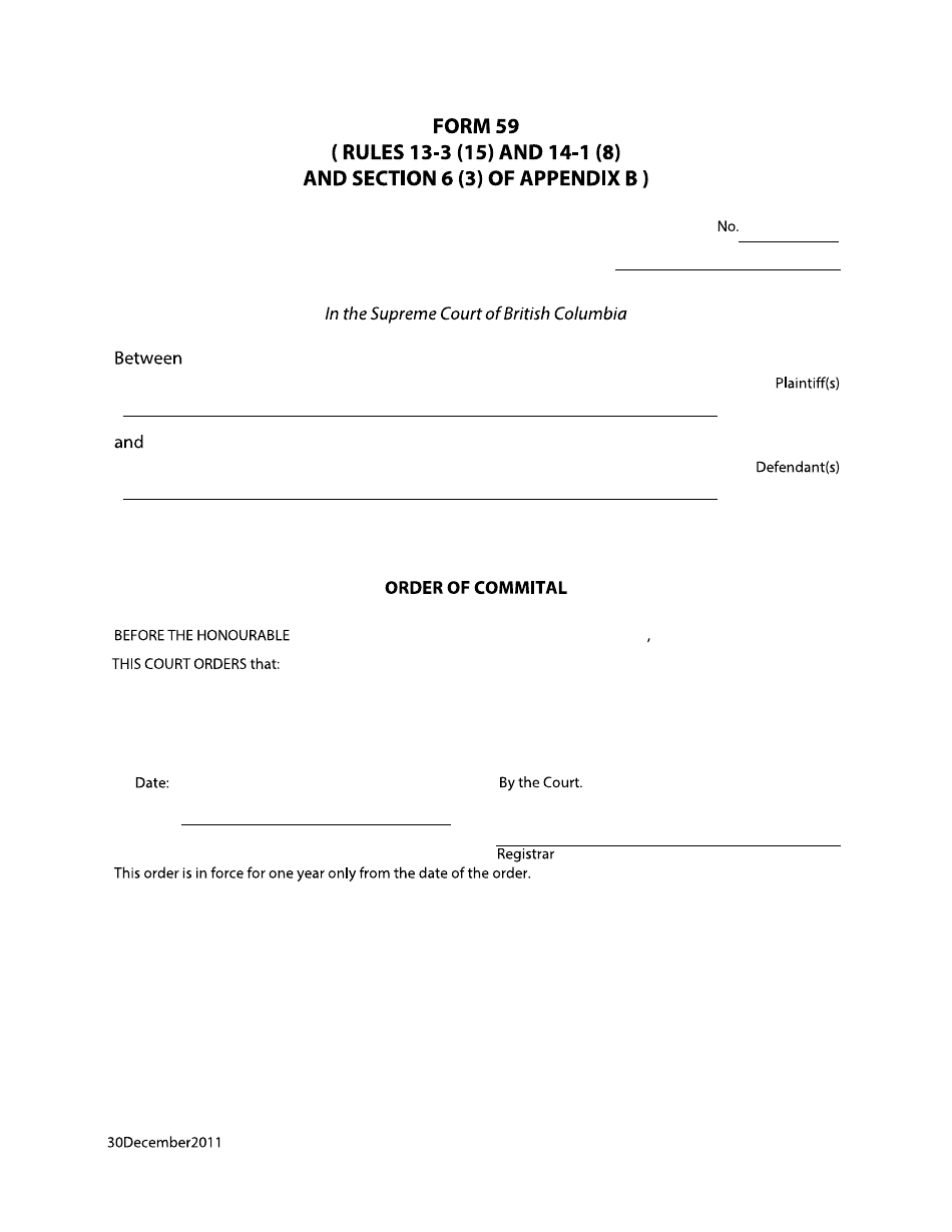 Form 59 Order of Committal - British Columbia, Canada, Page 1