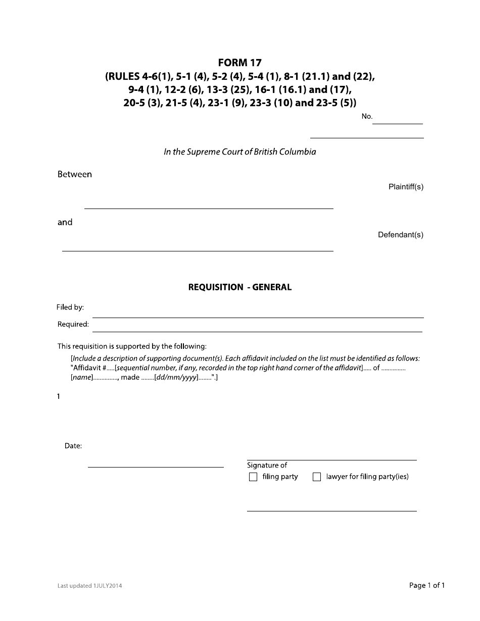 Form 17 Requisition - General - British Columbia, Canada, Page 1