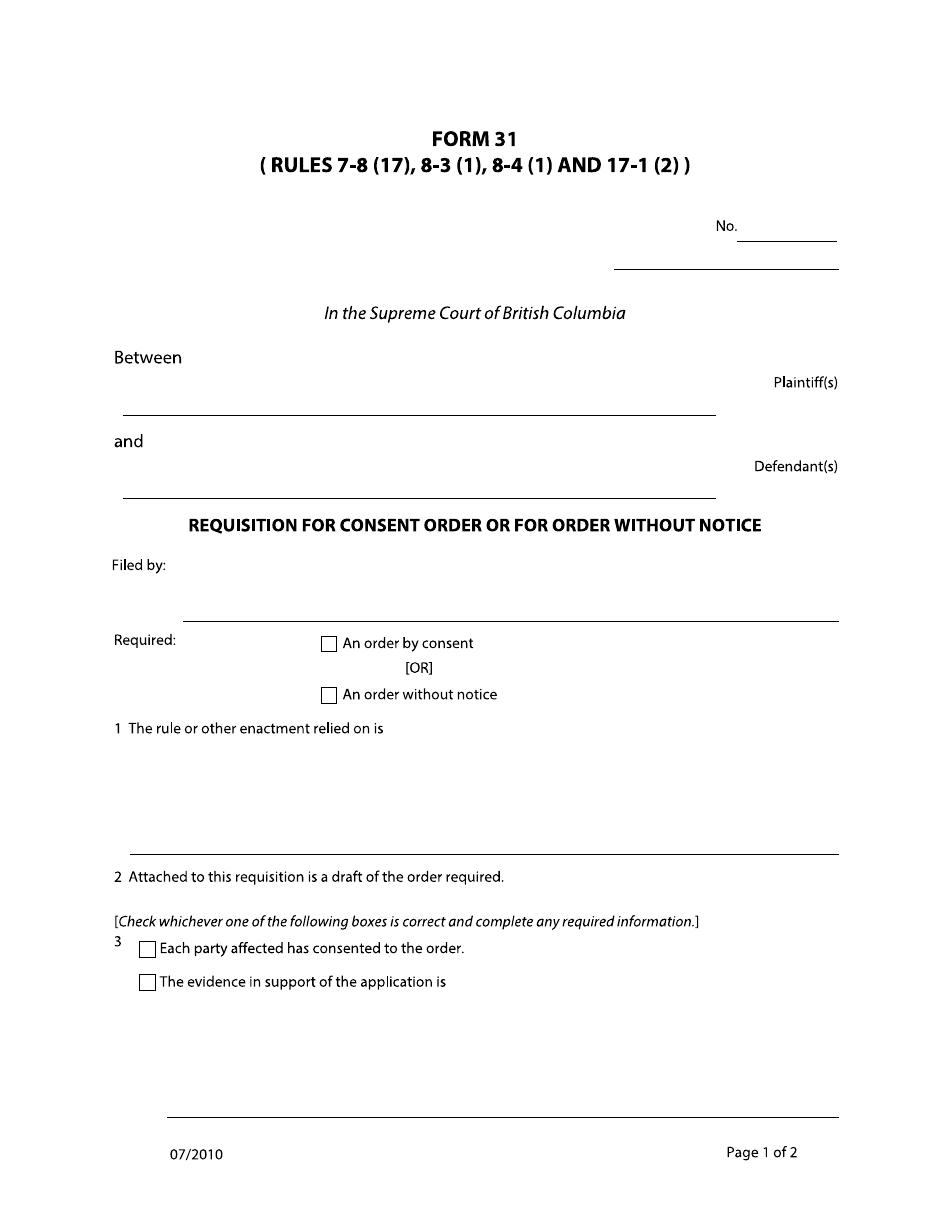 Form 31 Requisition for Consent Order or for Order Without Notice - British Columbia, Canada, Page 1