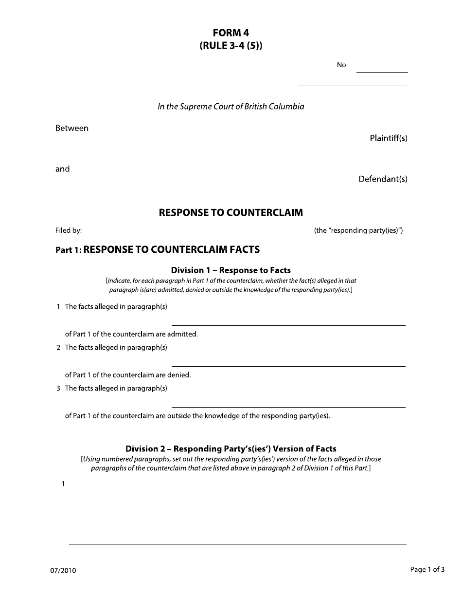 Form 4 Response to Counterclaim - British Columbia, Canada, Page 1