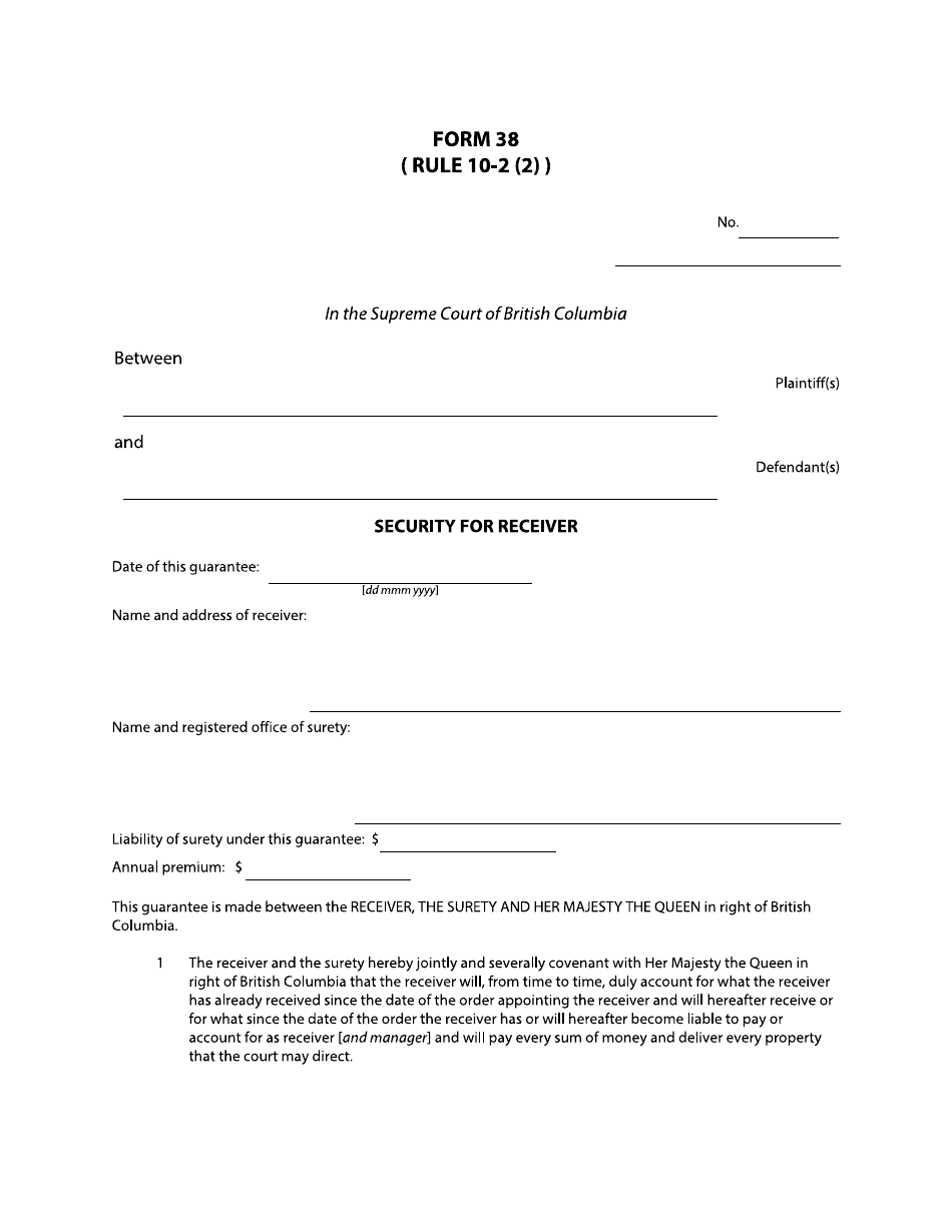 Form 38 Security for Receiver - British Columbia, Canada, Page 1