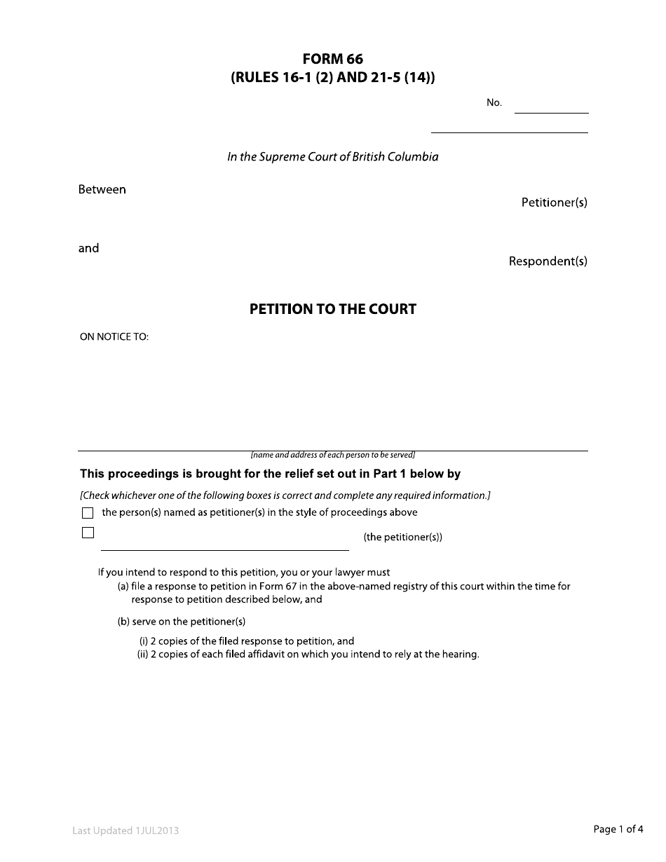 Form 66 Petition to the Court - British Columbia, Canada, Page 1