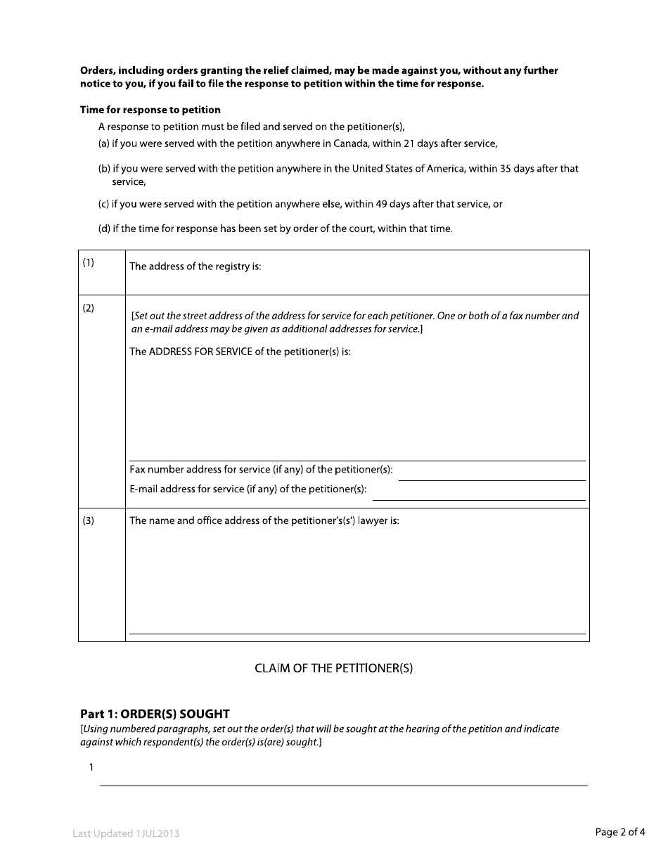 Form 66 Petition to the Court - British Columbia, Canada, Page 2
