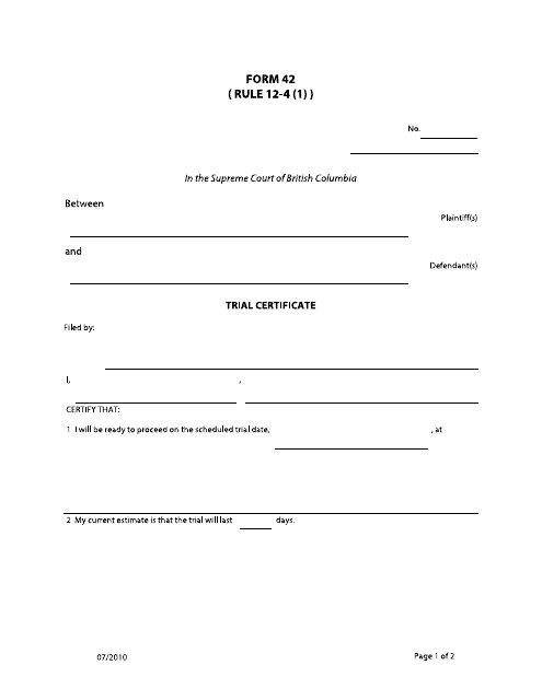 Form 42 Trial Certificate - British Columbia, Canada