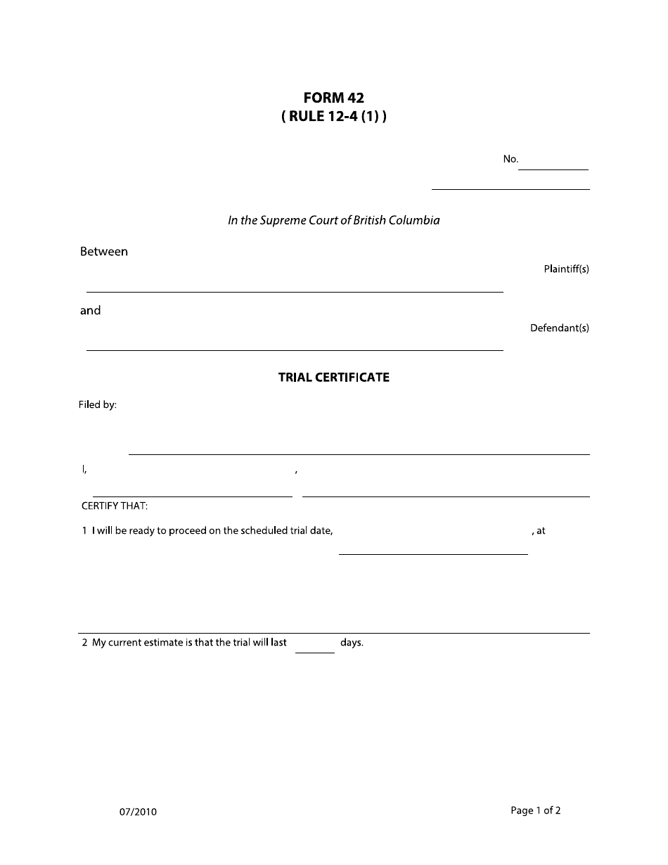 Form 42 Trial Certificate - British Columbia, Canada, Page 1