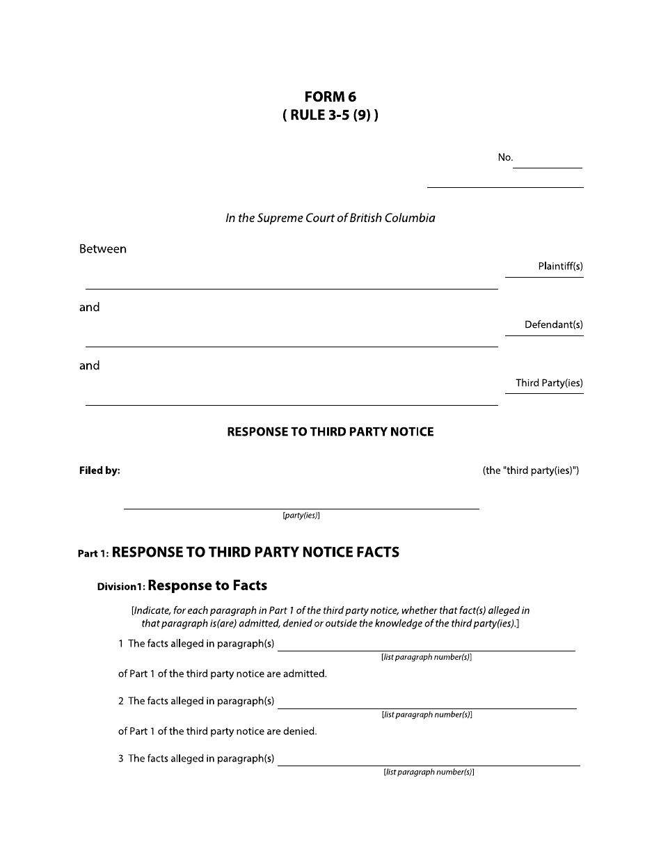 Form 6 Response to Third Party Notice - British Columbia, Canada, Page 1