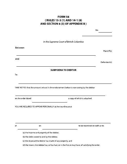 Form 56 Subpoena to Debtor - British Columbia, Canada