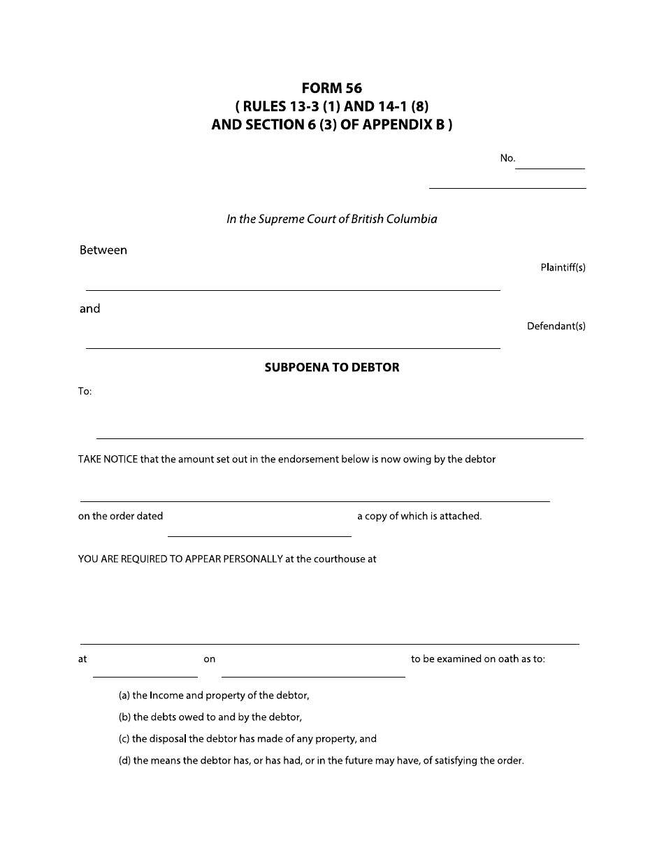 Form 56 Subpoena to Debtor - British Columbia, Canada, Page 1