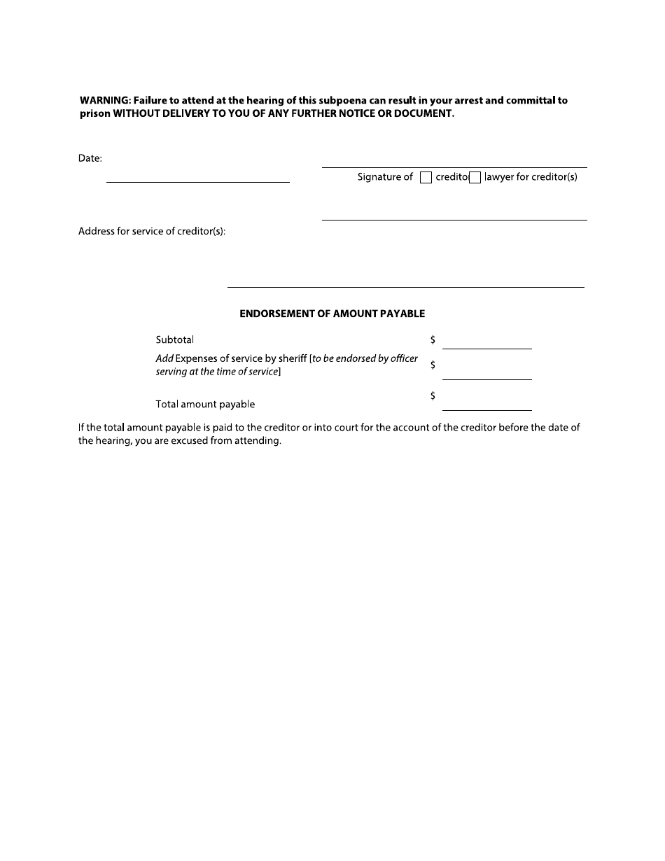 Form 56 Subpoena to Debtor - British Columbia, Canada, Page 2