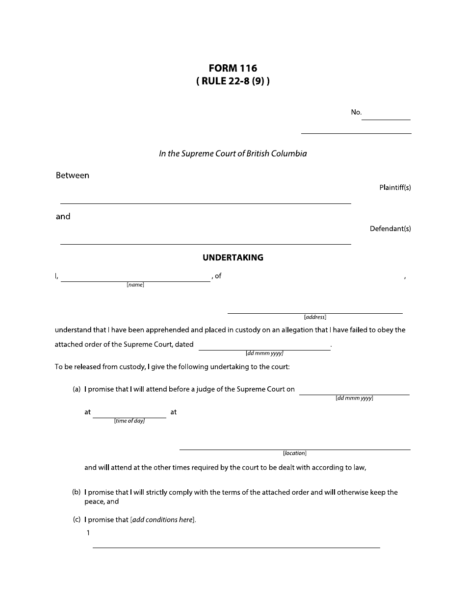 Form 116 Undertaking - British Columbia, Canada, Page 1