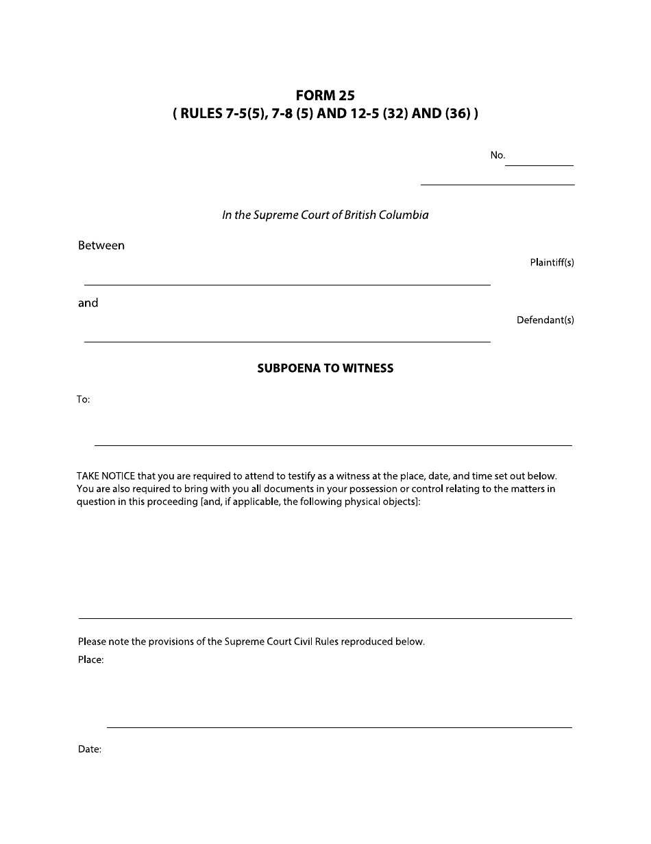 Form 25 Subpoena to Witness - British Columbia, Canada, Page 1