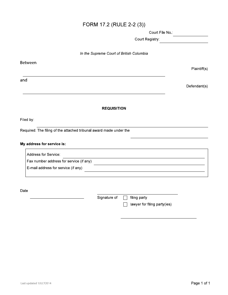 Form 17.2 Requisition - British Columbia, Canada, Page 1