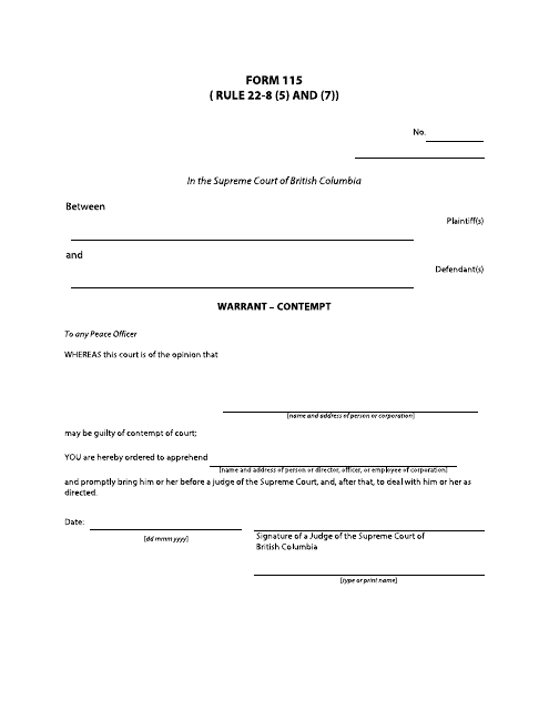 Form 115 Warrant " Contempt - British Columbia, Canada