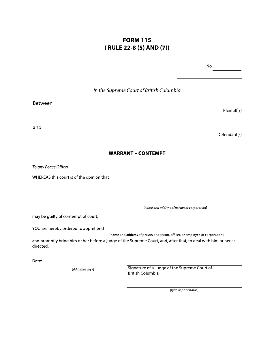 Form 115 Warrant  Contempt - British Columbia, Canada, Page 1
