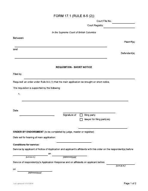 Form 17.1 Requisition - Short Notice - British Columbia, Canada