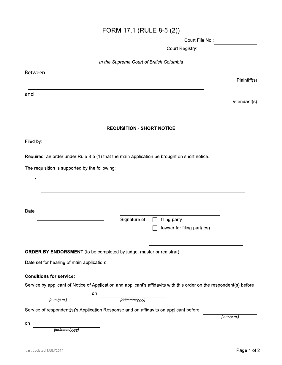 Form 17.1 Requisition - Short Notice - British Columbia, Canada, Page 1
