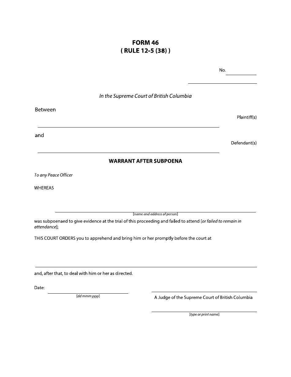 Form 46 Warrant After Subpoena - British Columbia, Canada, Page 1