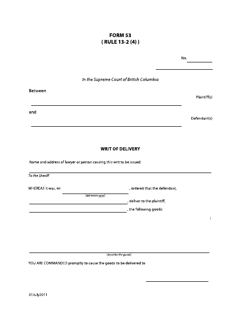 Form 53 Writ of Delivery - British Columbia, Canada