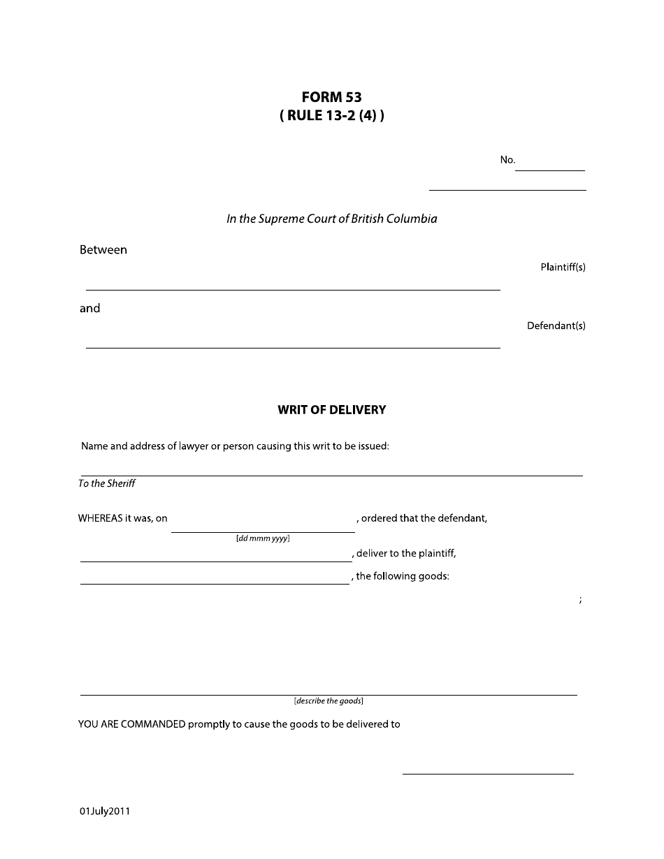 Form 53 Writ of Delivery - British Columbia, Canada, Page 1
