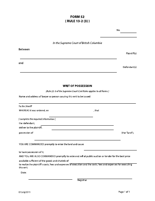 Form 52 Writ of Possession - British Columbia, Canada