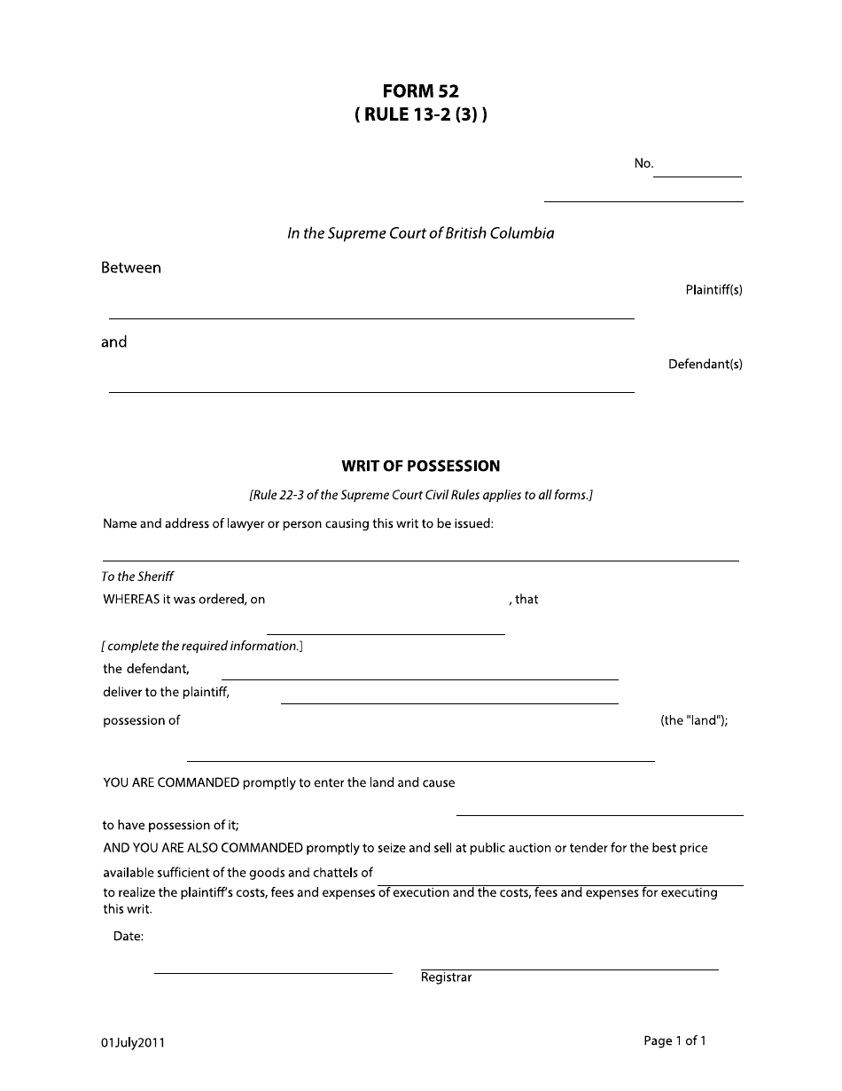 Form 52 Writ of Possession - British Columbia, Canada, Page 1