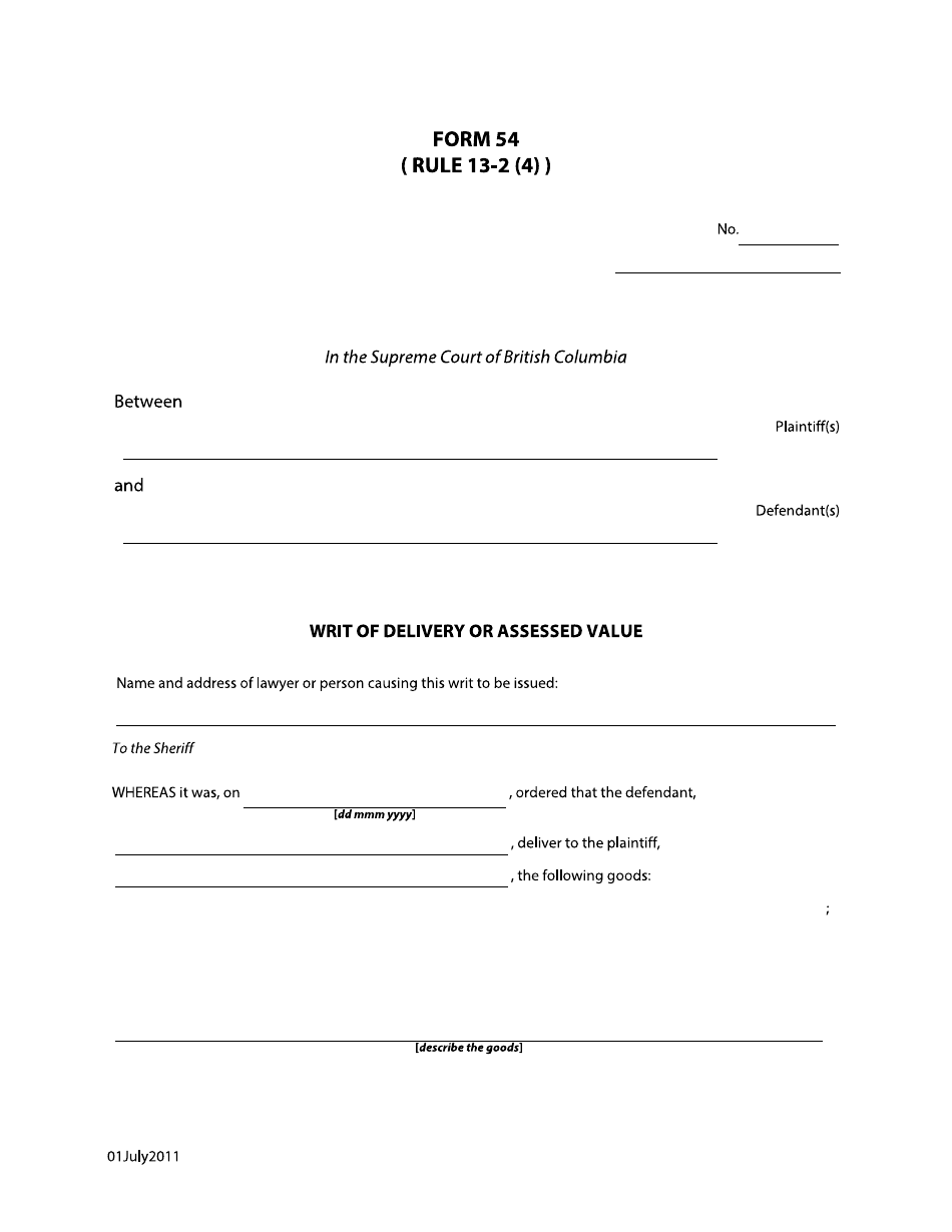 Form 54 Writ of Delivery or Assessed Value - British Columbia, Canada, Page 1