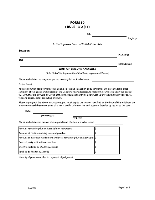 Form 50 Writ of Seizure and Sale - British Columbia, Canada